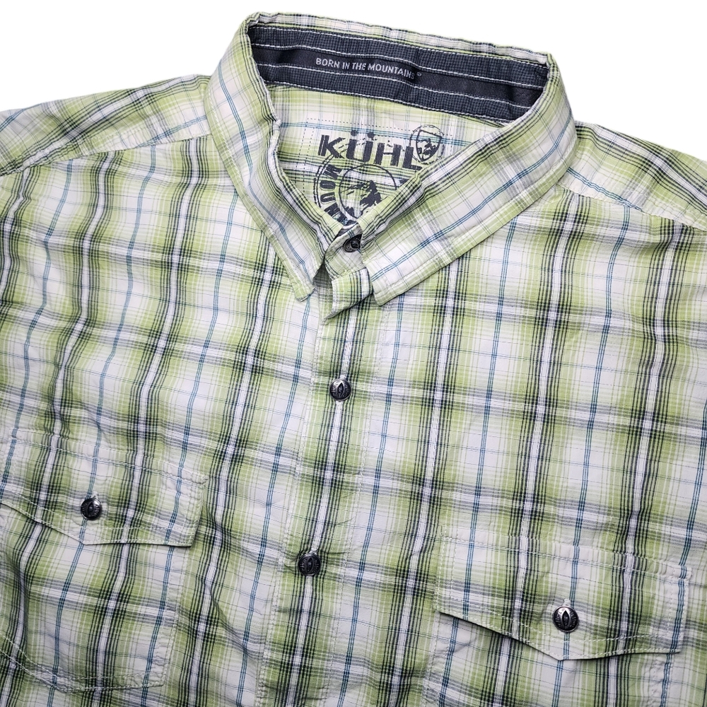 Kuhl Mens Large Lime Green & Grey S/S‎ Plaid Cotton/Linen Button Up Shirt
